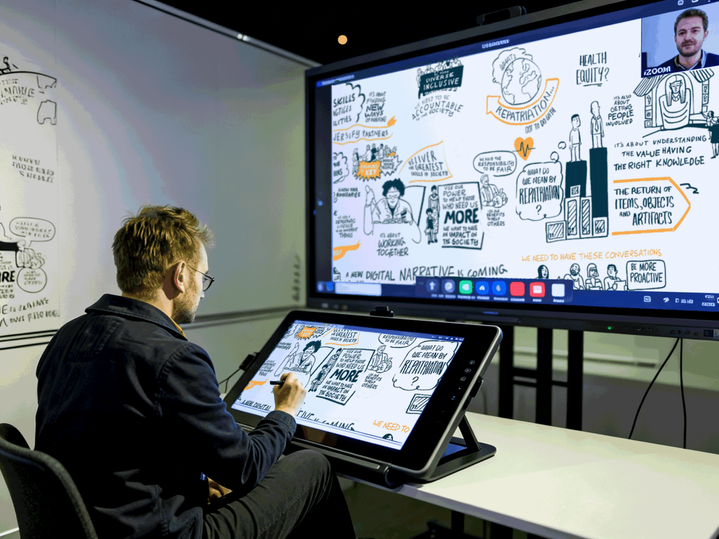 Remote graphic recording on a tablet showing digital live scribing during an online event.