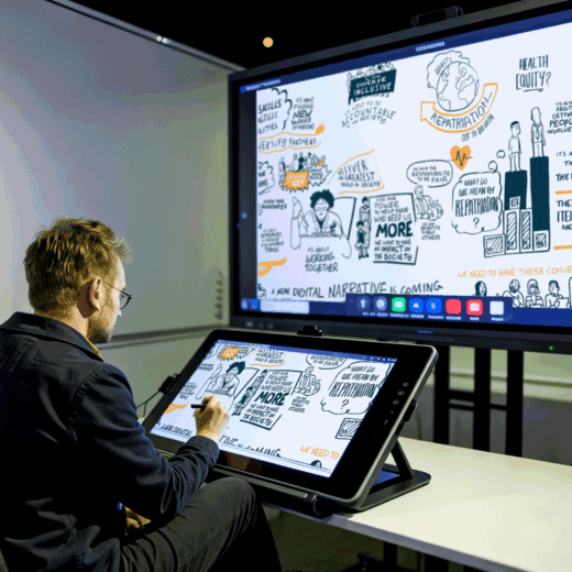 Remote graphic recording on a tablet showing digital live scribing during an online event.