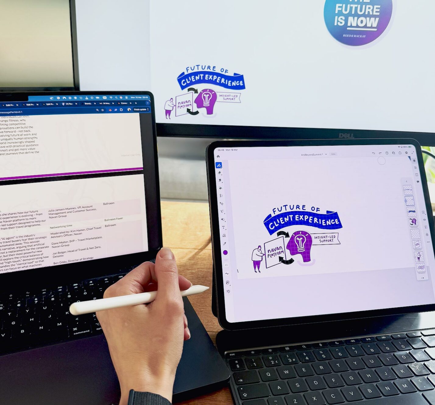 Remote live scribing session in progress, live scribe drawing on a tablet while visuals are projected on screen for virtual event attendees