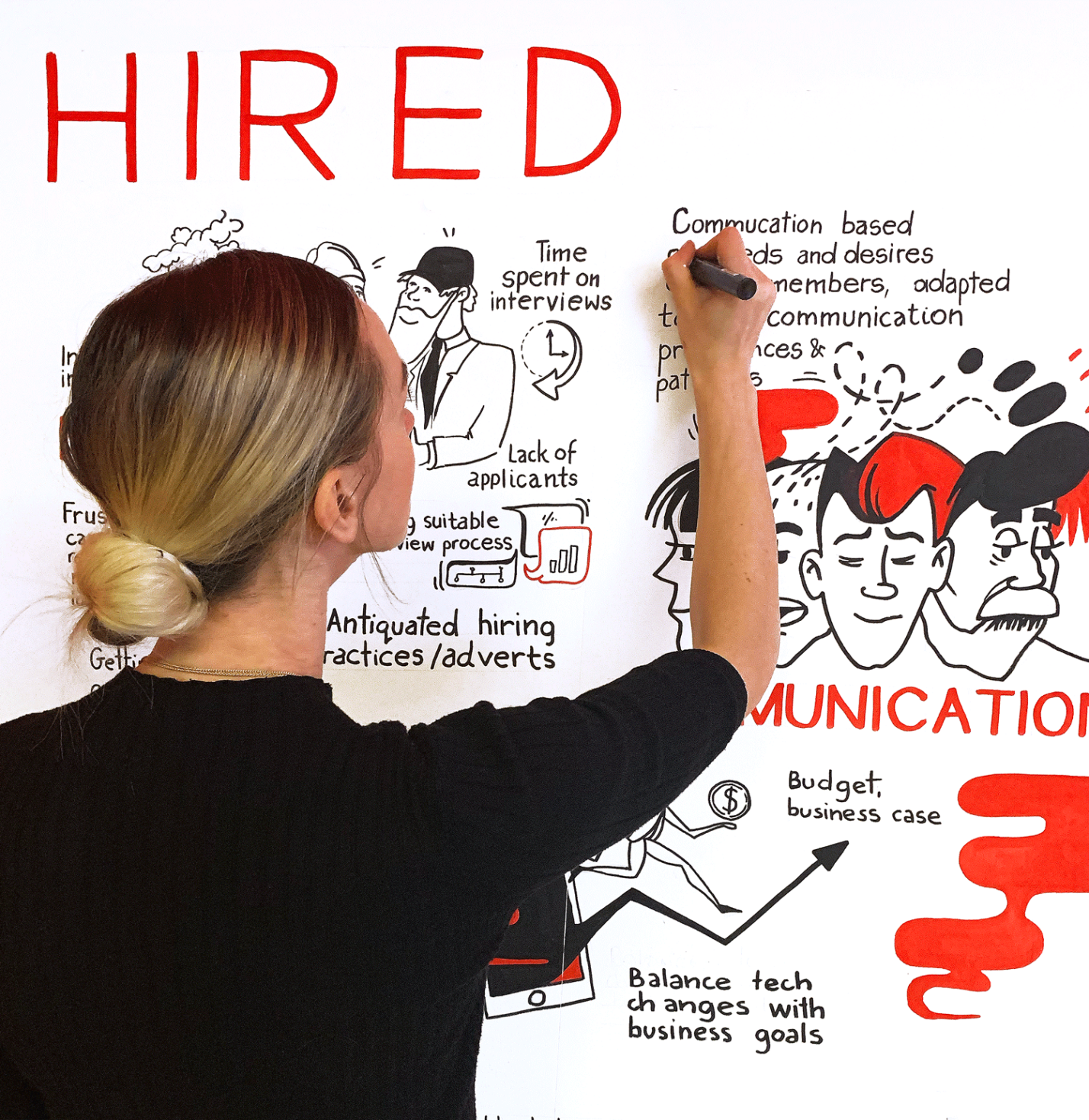 Live scribe illustration created at HIRED’s booth during The Lead Developer Conference. The artwork visually captures key challenges in scaling tech teams, featuring audience insights, interactive sticky notes, and HIRED’s bold red, black, and white branding.