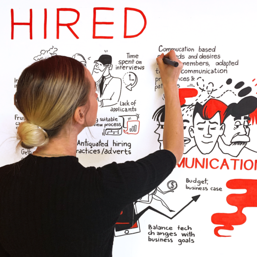 Live scribe illustration created at HIRED’s booth during The Lead Developer Conference. The artwork visually captures key challenges in scaling tech teams, featuring audience insights, interactive sticky notes, and HIRED’s bold red, black, and white branding.