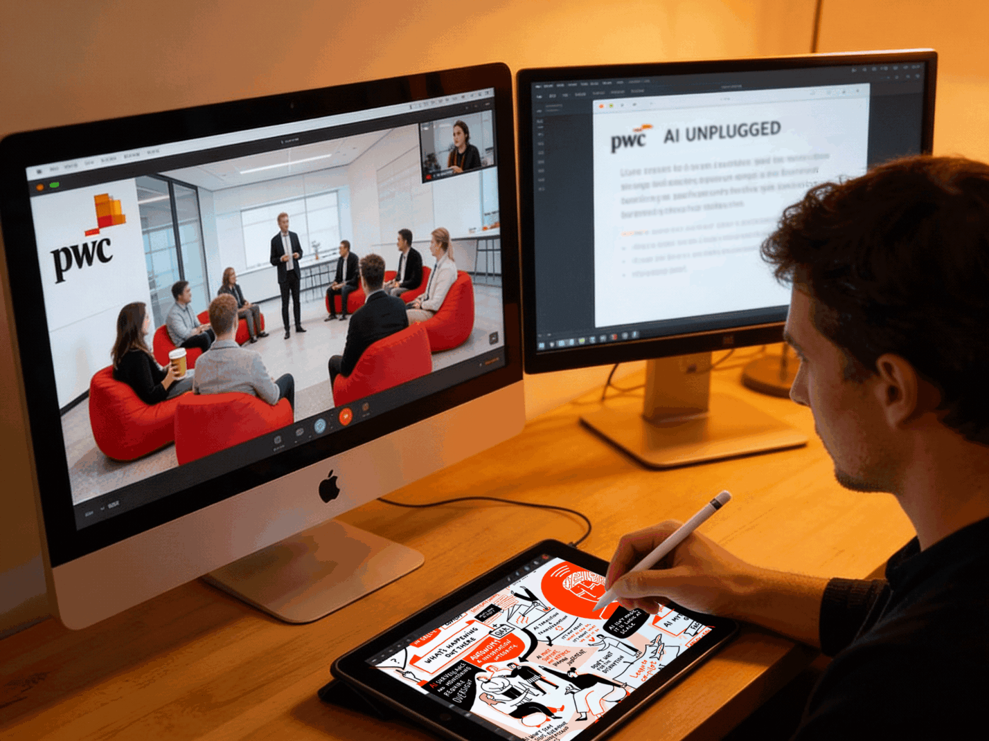 Remote live scribing during a hybrid PwC event, showing an illustrator capturing AI discussions on a tablet while following the session on video call.