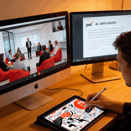 Remote live scribing during a hybrid PwC event, showing an illustrator capturing AI discussions on a tablet while following the session on video call.