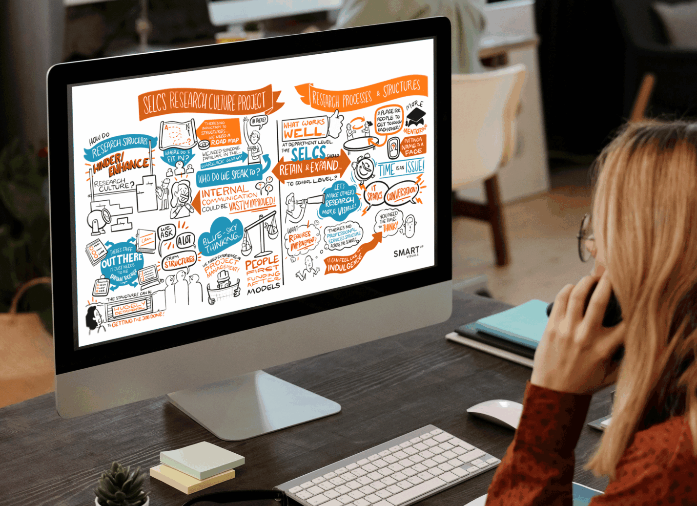 Person viewing a digital event visual summary on a desktop computer screen, showing how graphic recordings can be shared and reused after a workshop.
