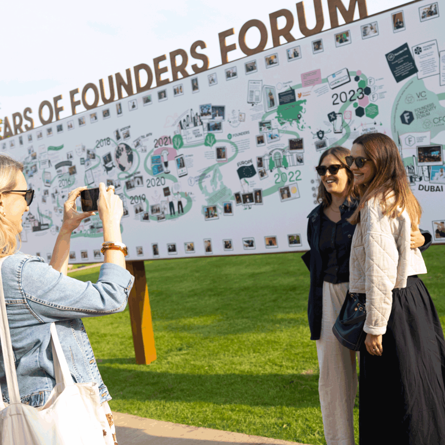 Event guests engaging with a hand-drawn infographic timeline at Founders Forum
