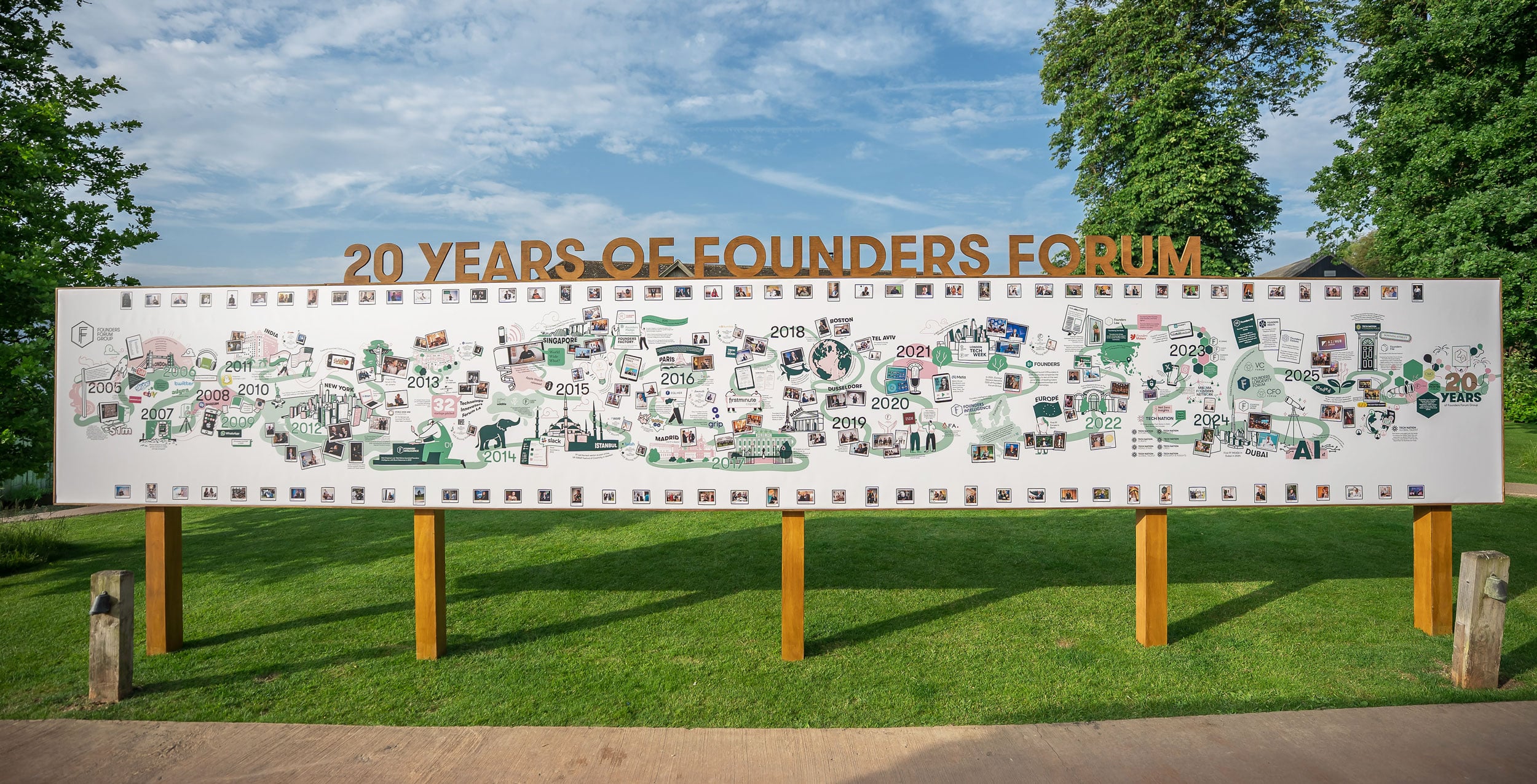 Large-scale illustrated timeline mural printed at 1.5 × 10 metres for Founders Forum’s 20-year anniversary